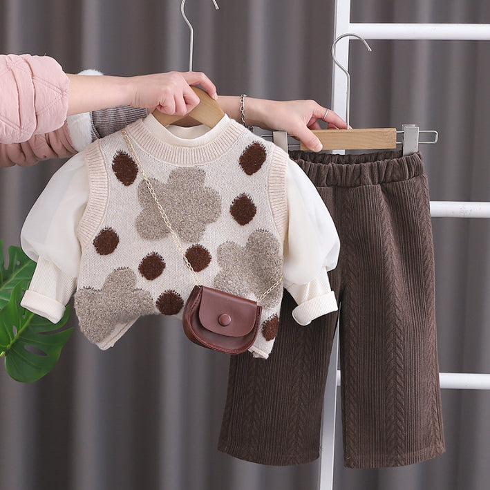 Girls 3-Piece Polka Dot Vest Outfit with Bonus Bag β Beige or Cream (1-5 Years)